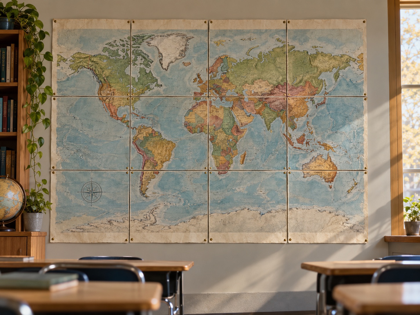 Photorealistic mockup of a world map assembled from twelve paper sheets on a classroom wall