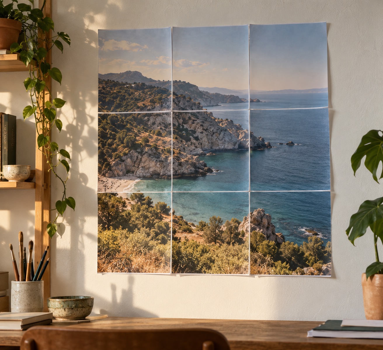 Photorealistic mockup of a coastal landscape printed across nine sheets on a home wall